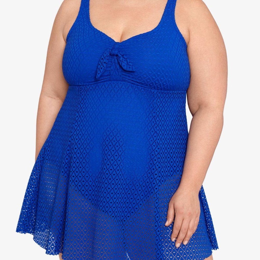 Swim Solutions Cobalt Blue Crochet Slimming One Piece Swimdress Swimsuit NEW!